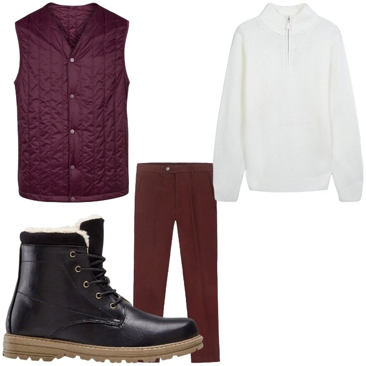 Outfit uomo - I primi freddi. Stile Casual per Tutti i giorni. Abbinamento con stivali e stivaletti, maglieria, piumini, pantaloni chino.