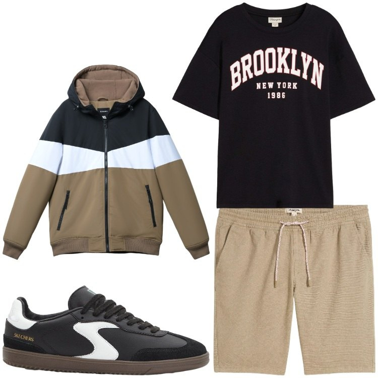 Outfit uomo - Runner. Stile Casual per Sport. Abbinamento con bermuda, t-shirt, sneakers, piumini.