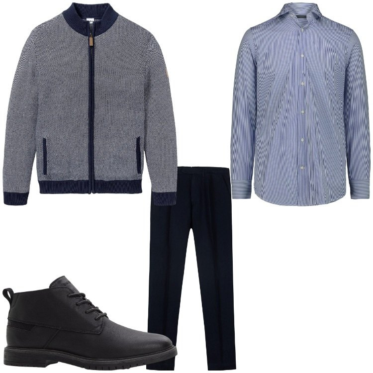 Outfit uomo - Grigio e blu. Stile Casual per Tutti i giorni. Abbinamento con cardigans, stivali e stivaletti, camicie, pantaloni.