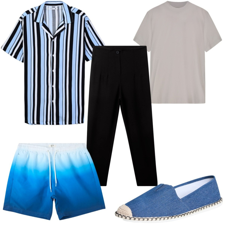 Outfit uomo - Total look #2255715. Stile Trendy per Mare. Abbinamento con costumi, espadrillas, pantaloni chino, camicie a manica corta, t-shirt.