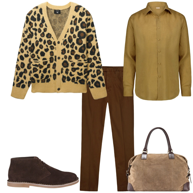 Outfit uomo - Total look #2255718. Stile Trendy per Tutti i giorni. Abbinamento con cardigans, pantaloni, camicie, stivali e stivaletti, borse sportive.