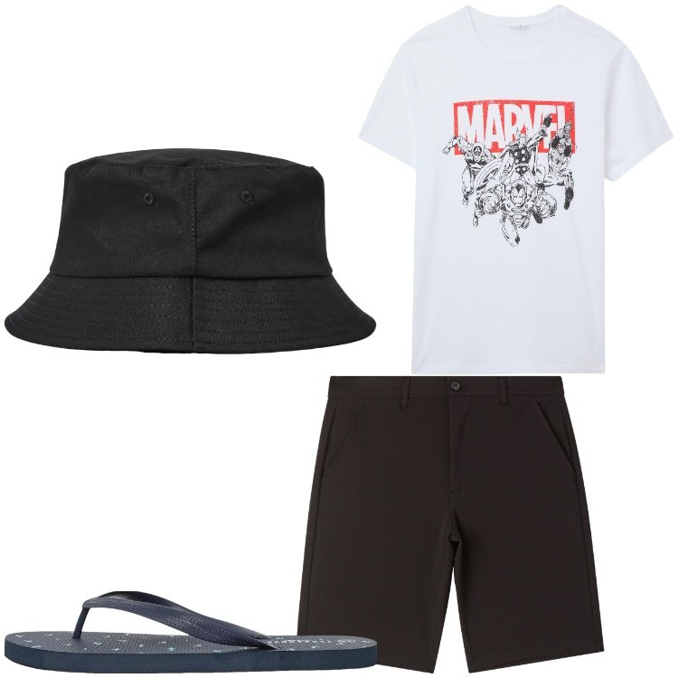 Outfit uomo - Mare in autunno. Stile Casual per Mare. Abbinamento con t-shirt, cappelli con visiera, sandali, pantaloni corti.