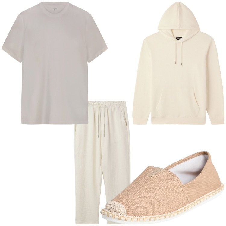 Outfit uomo - Rilassato. Stile Casual per Tutti i giorni. Abbinamento con espadrillas, pantaloni, felpe con cappuccio, t-shirt.