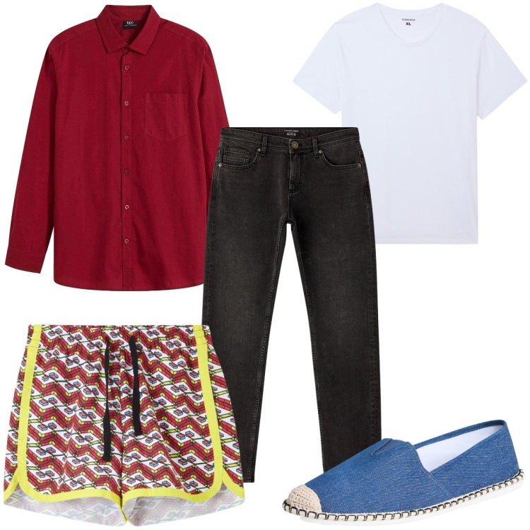 Outfit uomo - Total look #2255721. Stile Trendy per Mare. Abbinamento con camicie, t-shirt, jeans, costumi, espadrillas.