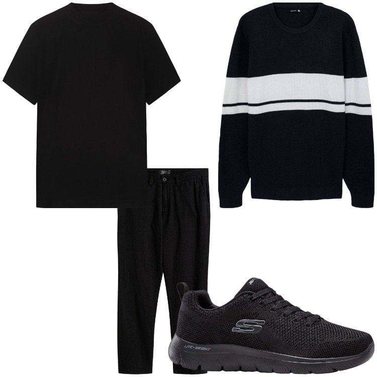 Outfit uomo - Black. Stile Casual per Tutti i giorni. Abbinamento con pantaloni chino, sneakers, maglieria, t-shirt.