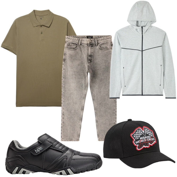 Outfit uomo - Total look #2255725. Stile Casual per Tutti i giorni. Abbinamento con scarpe sportive, jeans dritti, polo, cappelli, felpe con cappuccio.