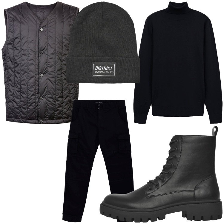 Outfit uomo - Sotto zero. Stile Casual per Tutti i giorni. Abbinamento con pantaloni cargo, anfibi, berretti, maglieria, piumini.