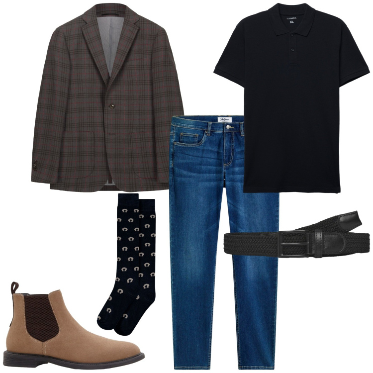 Outfit uomo - Total look #2255728. Stile Trendy per Ufficio. Abbinamento con jeans, stivali e stivaletti, cinture, polo, giacche, calzini.