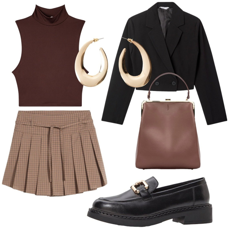 Outfit donna - Gonna e mocassini per settembre. Stile Casual chic per Tutti i giorni. Abbinamento con orecchini, mocassini, gonne, blazer, top, borse a spalla.