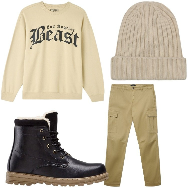Outfit uomo - The best. Stile Casual per Tutti i giorni. Abbinamento con stivali e stivaletti, felpe, pantaloni cargo, berretti.
