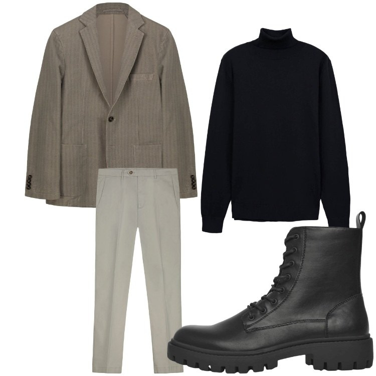 Outfit uomo - Collo alto. Stile Casual per Tutti i giorni. Abbinamento con anfibi, maglieria, giacche, pantaloni chino.