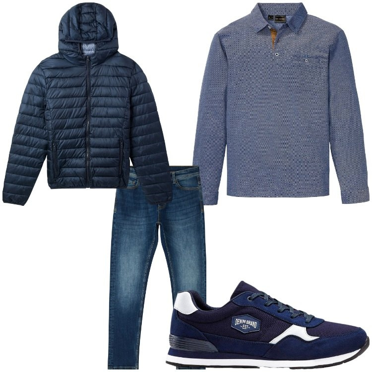 Outfit uomo - Polo e jeans. Stile Casual per Tutti i giorni. Abbinamento con sneakers, polo, jeans skinny, piumini.