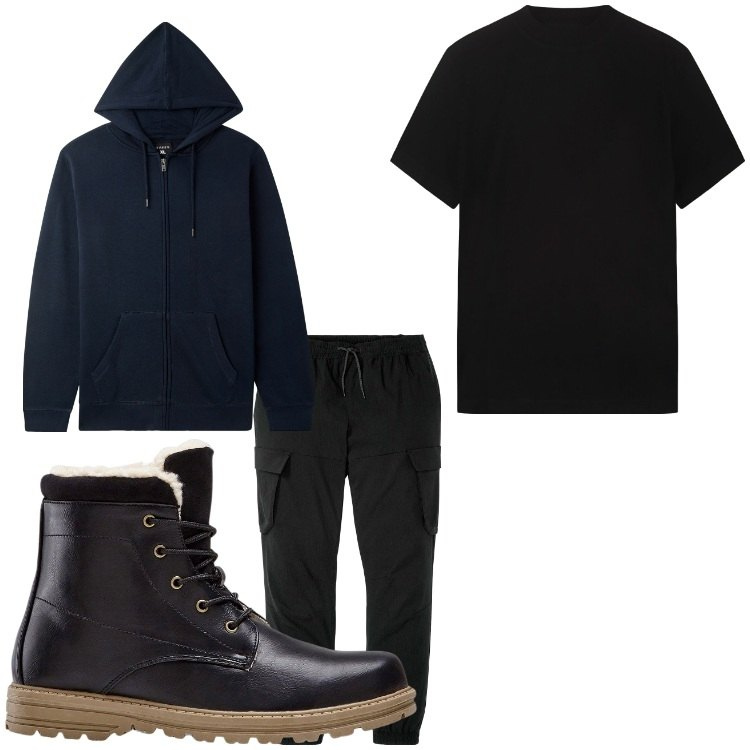 Outfit uomo - Modalita´bosco. Stile Casual per Tutti i giorni. Abbinamento con stivali e stivaletti, pantaloni cargo, felpe con cappuccio, t-shirt.