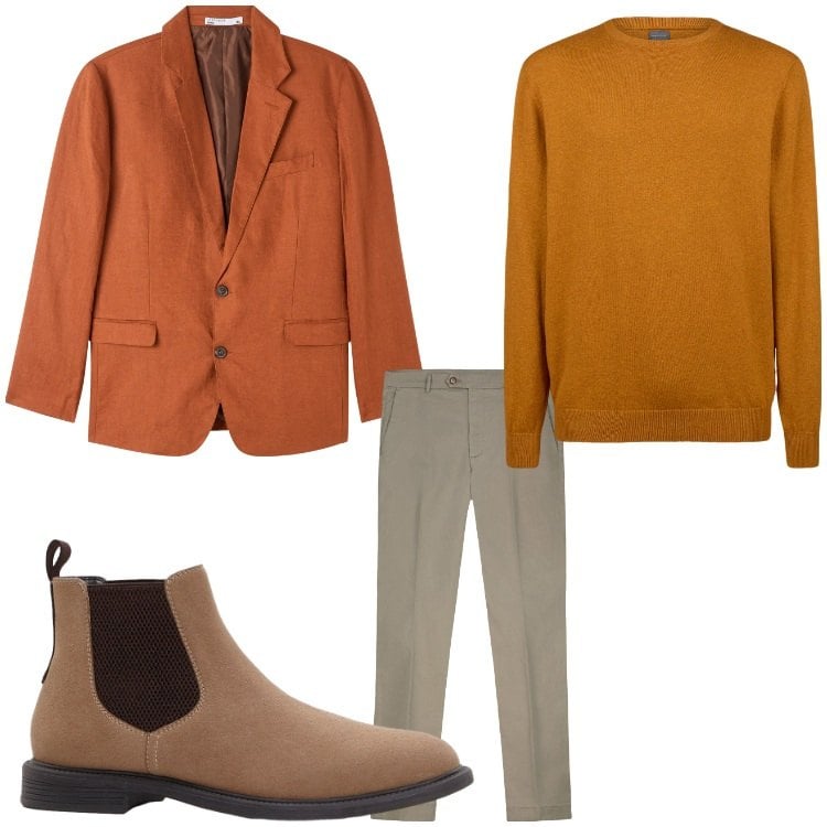 Outfit uomo - Orange. Stile Business/Elegante per Ufficio. Abbinamento con stivali e stivaletti, giacche, maglieria, pantaloni chino.