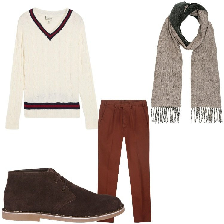 Outfit uomo - scollo a V. Stile Casual per Tutti i giorni. Abbinamento con maglieria, stivali e stivaletti, pantaloni, sciarpe.