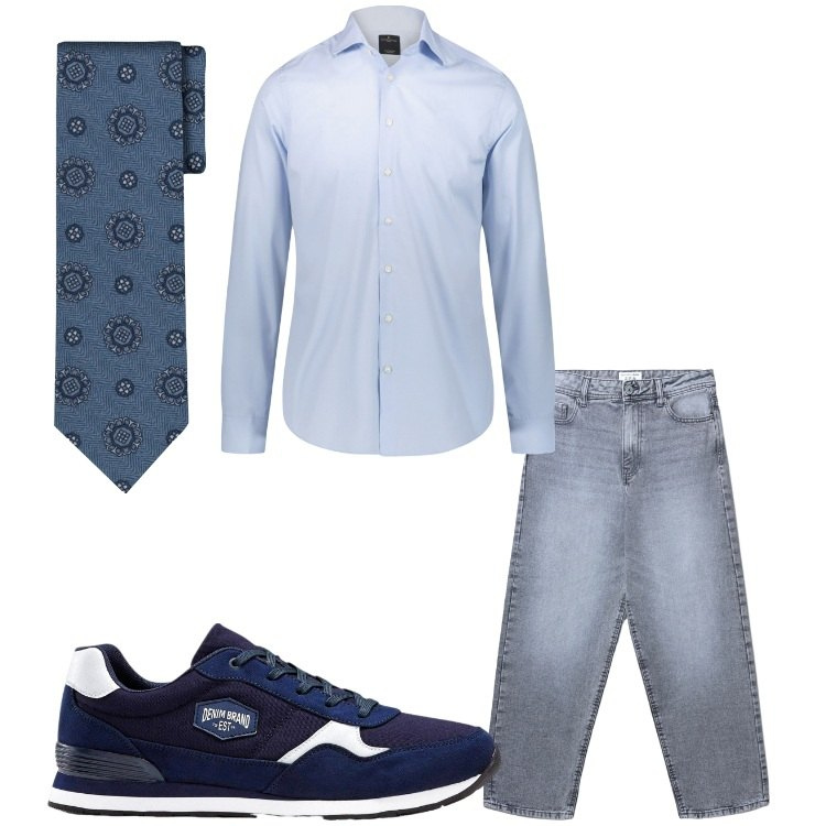 Outfit uomo - Jeans e cravatta. Stile Casual per Ufficio. Abbinamento con sneakers, jeans, camicie, cravatte.