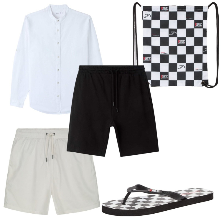 Outfit uomo - Total look #2255745. Stile Trendy per Mare. Abbinamento con camicie, borse sportive, sandali, bermuda, costumi.