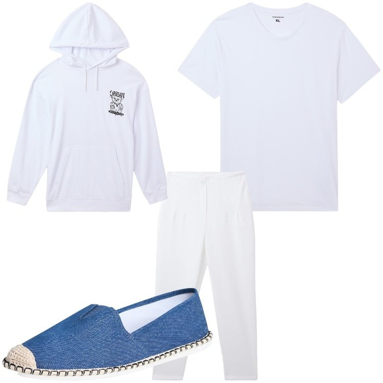Outfit uomo - Homewear. Stile Casual per Tutti i giorni. Abbinamento con espadrillas, t-shirt, pantaloni chino, felpe con cappuccio.