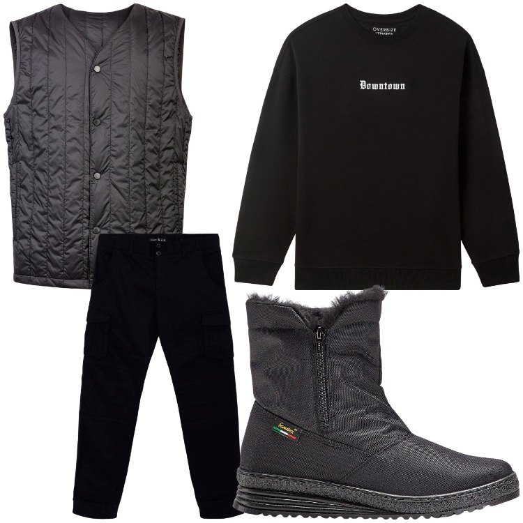Outfit uomo - In montagna. Stile Casual per Tutti i giorni. Abbinamento con stivali e stivaletti, pantaloni cargo, felpe, piumini.