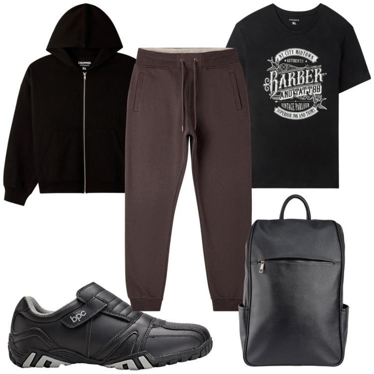 Outfit uomo - Total look #2255749. Stile Trendy per Sport. Abbinamento con scarpe sportive, pantaloni, felpe con cappuccio, t-shirt, borse sportive.