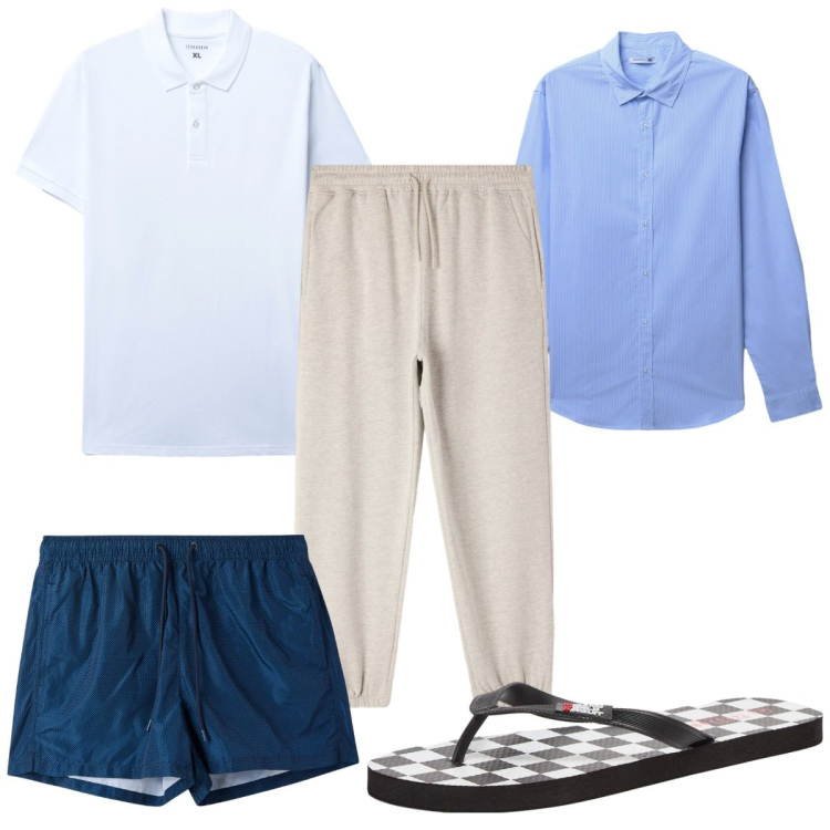 Outfit uomo - Total look #2255752. Stile Trendy per Mare. Abbinamento con sandali, costumi, polo, camicie, pantaloni.