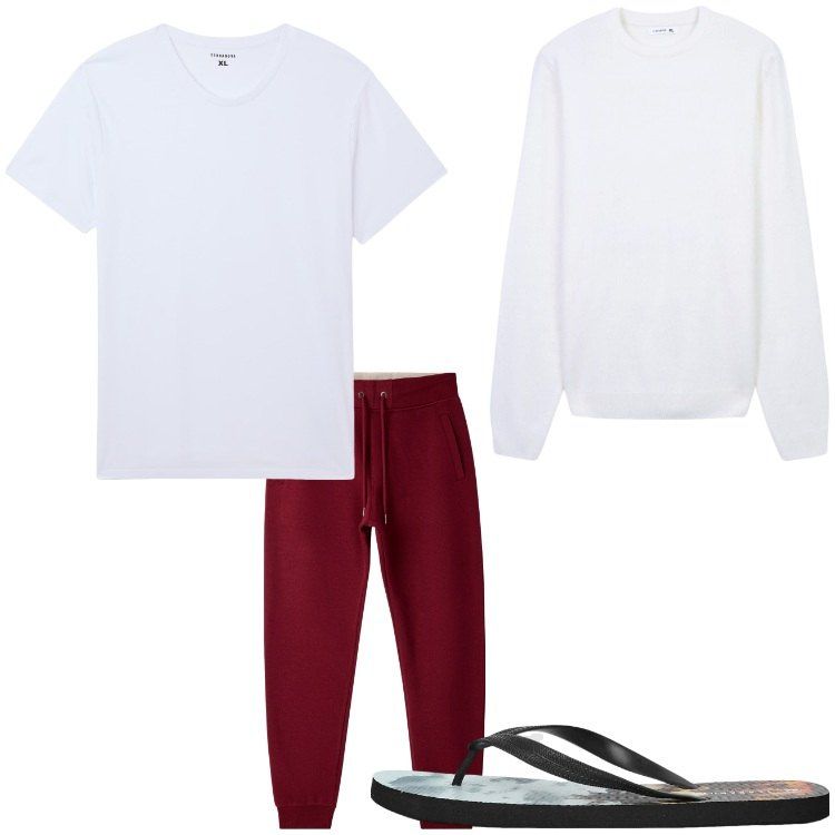 Outfit uomo - Sabato a casa. Stile Casual per Tutti i giorni. Abbinamento con t-shirt, sandali, maglieria, pantaloni.