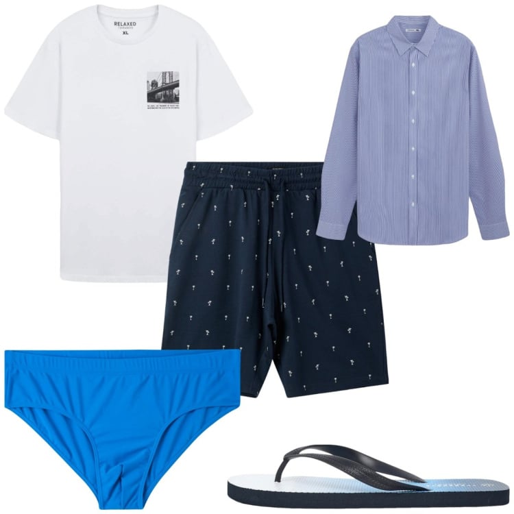 Outfit uomo - Total look #2255755. Stile Trendy per Mare. Abbinamento con camicie, sandali, t-shirt, bermuda, costumi.