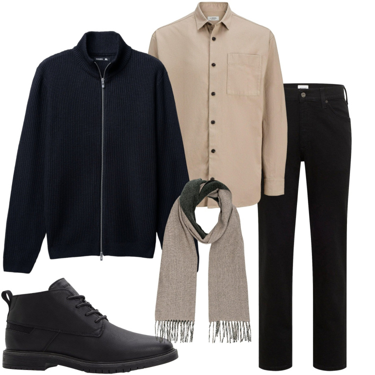 Outfit uomo - Fine settembre. Stile Urban per Tutti i giorni. Abbinamento con jeans dritti, stivali e stivaletti, camicie, cardigans, sciarpe.