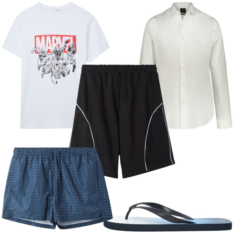 Outfit uomo - Total look #2255757. Stile Trendy per Mare. Abbinamento con t-shirt, sandali, costumi, bermuda, camicie.