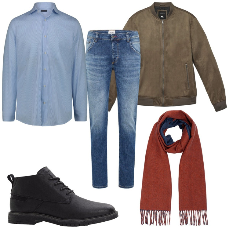 Outfit uomo - Total look #2255759. Stile Casual per Tutti i giorni. Abbinamento con jeans dritti, stivali e stivaletti, giacche, sciarpe, camicie.