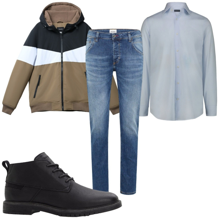 Outfit uomo - Total look #2255762. Stile Casual per Tutti i giorni. Abbinamento con jeans dritti, stivali e stivaletti, piumini, camicie.