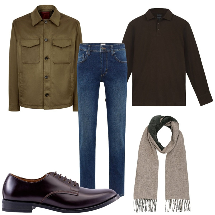 Outfit uomo - Total look #2255765. Stile Trendy per Tutti i giorni. Abbinamento con jeans dritti, giacche, scarpe stringate, polo, sciarpe.