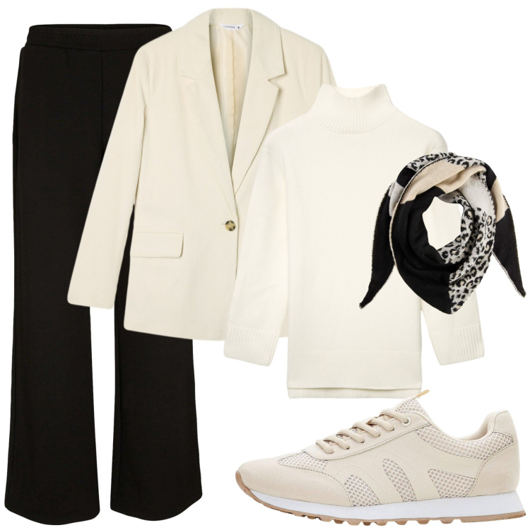Outfit donna - Sportiva ma sempre chic. Stile Casual chic per Scuola/Università. Abbinamento con sneakers, pantaloni a palazzo, foulard, blazer, maglieria.