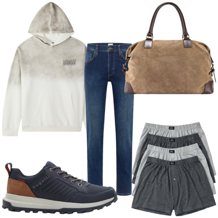 Outfit uomo - Total look #2255767. Stile Trendy per Tutti i giorni. Abbinamento con boxer, jeans dritti, sneakers, felpe con cappuccio, borse sportive.