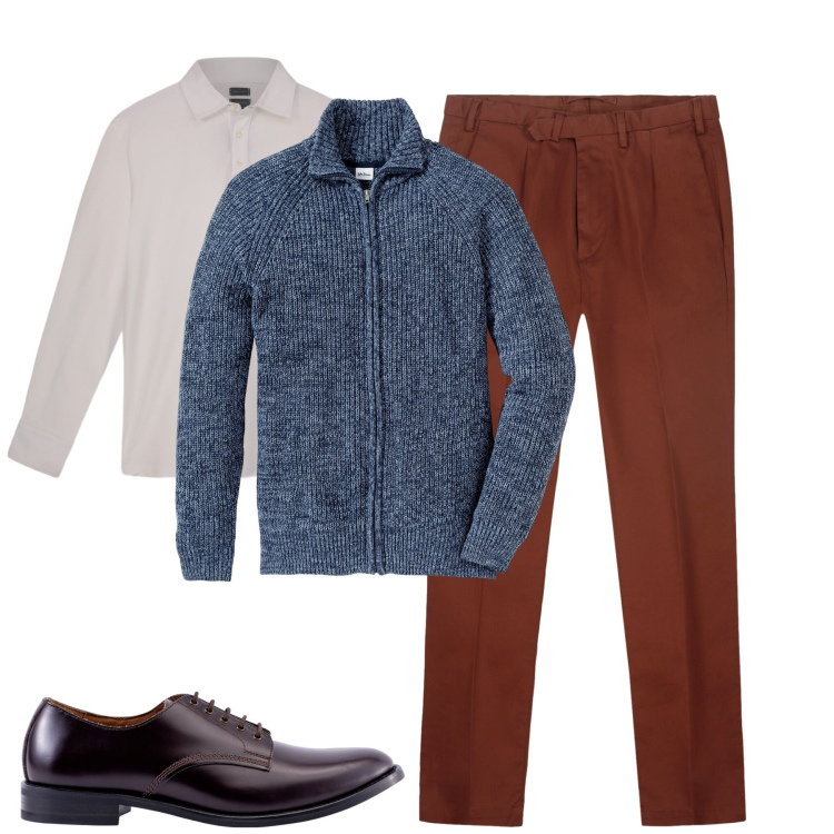 Outfit uomo - Ruggine. Stile Urban per Tutti i giorni. Abbinamento con cardigans, scarpe stringate, polo, pantaloni.