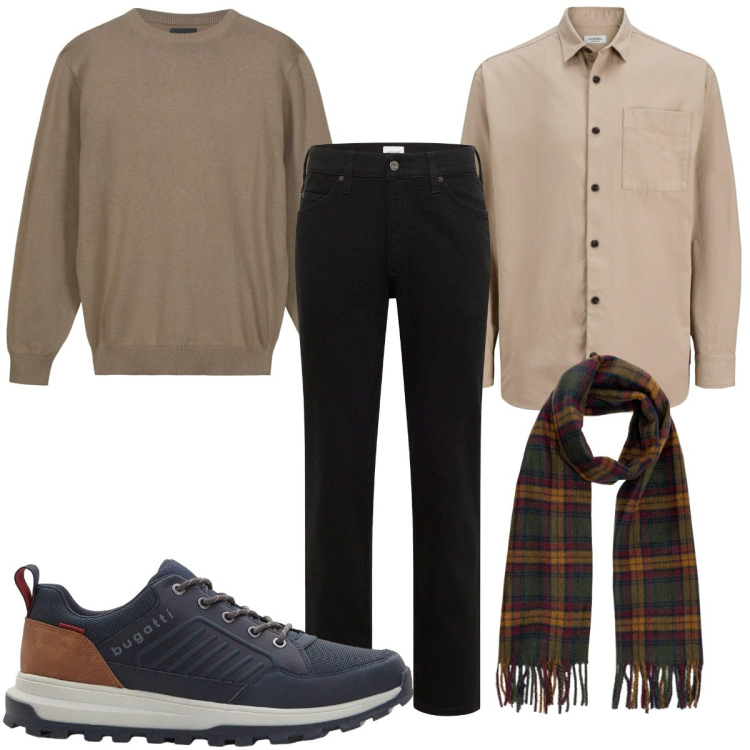 Outfit uomo - Total look #2255770. Stile Casual per Tutti i giorni. Abbinamento con jeans dritti, camicie, sneakers, maglieria, sciarpe.