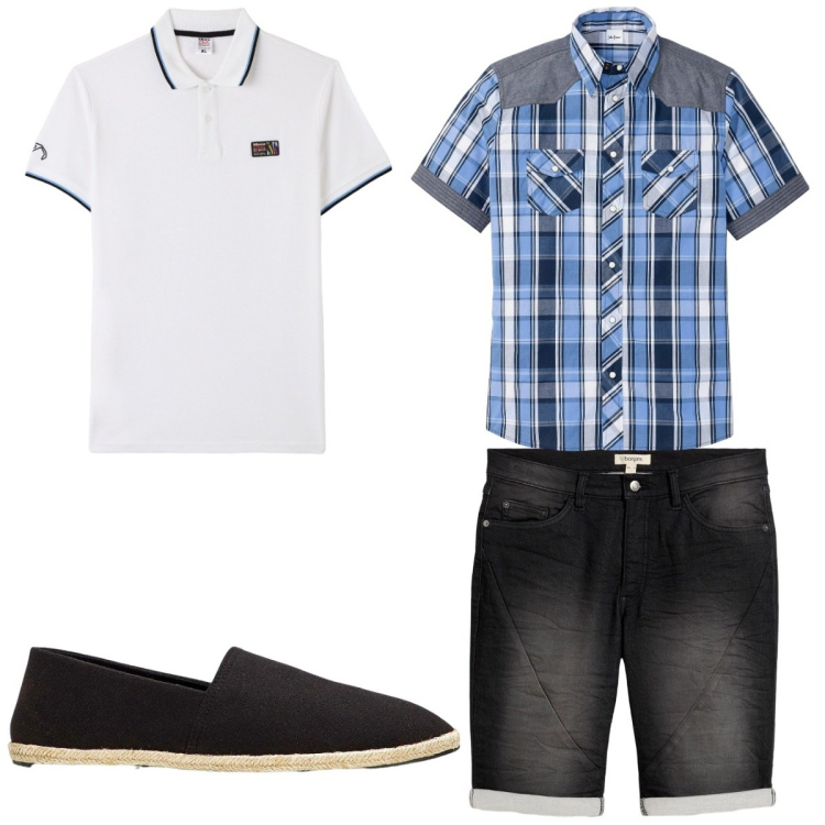 Outfit uomo - Total look #2255772. Stile Trendy per Tutti i giorni. Abbinamento con camicie a manica corta, espadrillas, bermuda, polo.