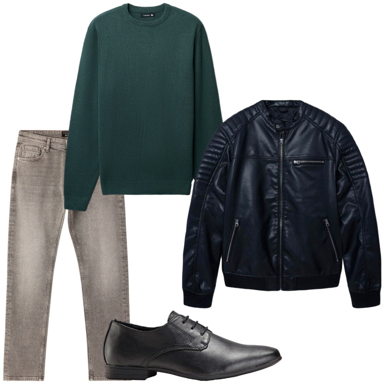 Outfit uomo - Jeans autunnali. Stile Trendy per Tutti i giorni. Abbinamento con scarpe stringate, giacche, jeans, maglieria.