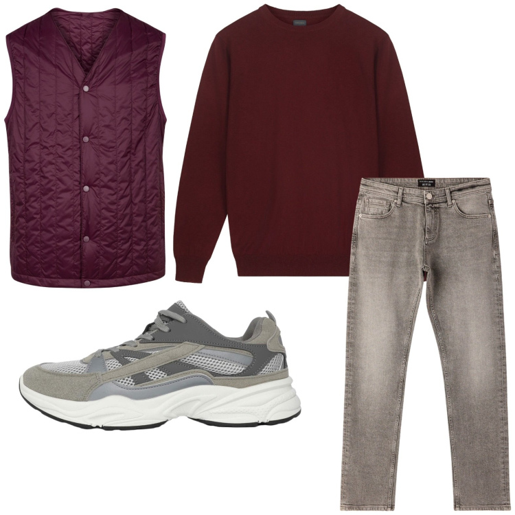 Outfit uomo - Il pull wine. Stile Casual per Tutti i giorni. Abbinamento con sneakers, jeans, piumini, maglieria.