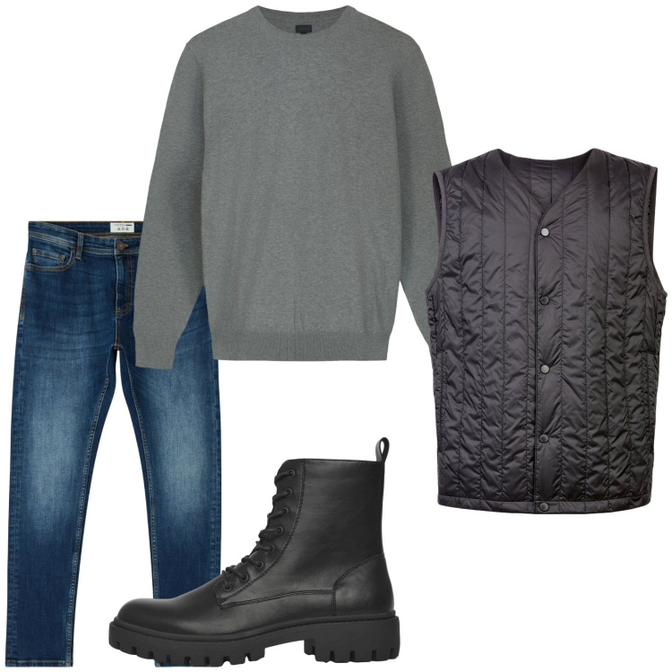 Outfit uomo - Il gilet passpartout. Stile Casual per Tutti i giorni. Abbinamento con jeans skinny, anfibi, maglieria, piumini.