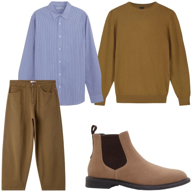 Outfit uomo - Settembre brown. Stile Trendy per Tutti i giorni. Abbinamento con stivali e stivaletti, camicie, pantaloni, maglieria.