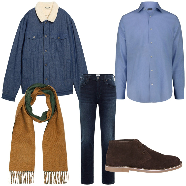 Outfit uomo - Pashmina con denim. Stile Trendy per Tutti i giorni. Abbinamento con jeans slim fit, giacche, stivali e stivaletti, sciarpe, camicie.