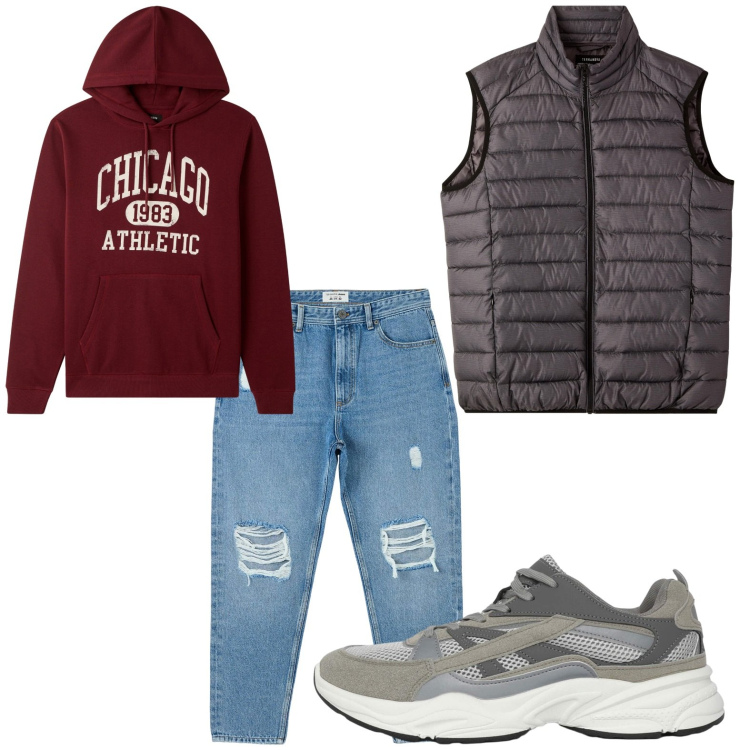 Outfit uomo - Jeans strappati. Stile Casual per Tutti i giorni. Abbinamento con sneakers, felpe con cappuccio, piumini, jeans strappati.