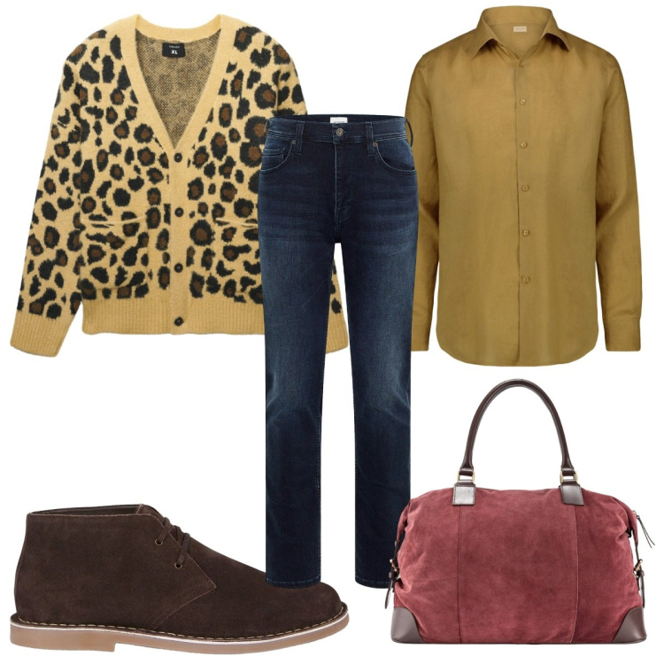 Outfit uomo - Total look #2255786. Stile Trendy per Tutti i giorni. Abbinamento con jeans slim fit, cardigans, camicie, stivali e stivaletti, borse sportive.