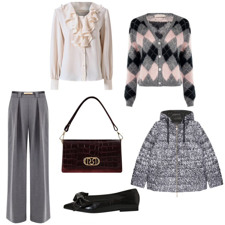 Outfit donna - Eleganza sobria. Abbinamento con cardigans, pantaloni a palazzo, ballerine, borse a mano, bluse, piumini.