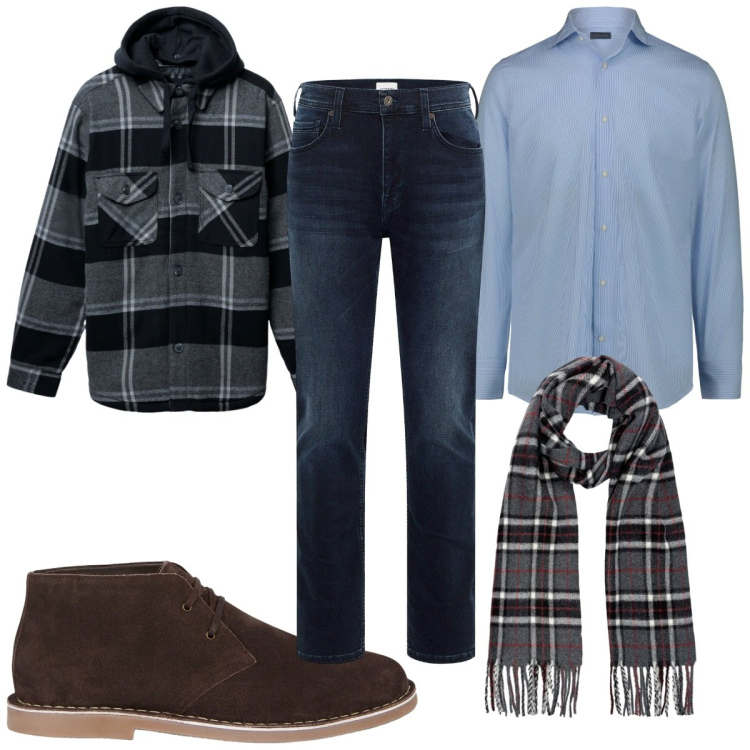 Outfit uomo - Total look #2255793. Stile Casual per Tutti i giorni. Abbinamento con jeans slim fit, giacche, stivali e stivaletti, sciarpe, camicie.