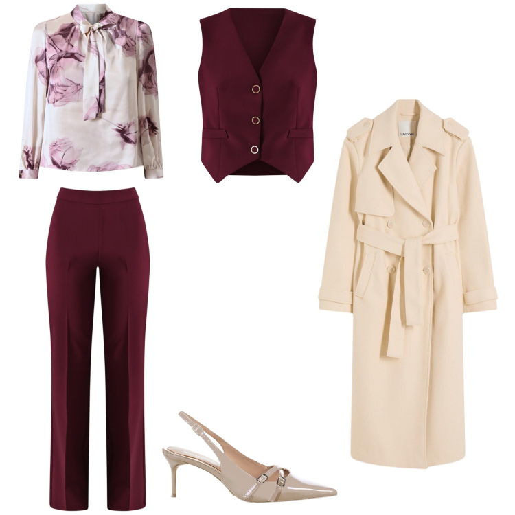 Outfit donna - Bordeaux che passione!. Abbinamento con trench, décolleté, gilet, pantaloni a palazzo, bluse.