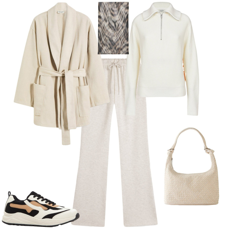 Outfit donna - Total look #2255797. Stile Sporty chic per Tutti i giorni. Abbinamento con blazer, shopping bag, sneakers, pantaloni, maglieria, foulard.
