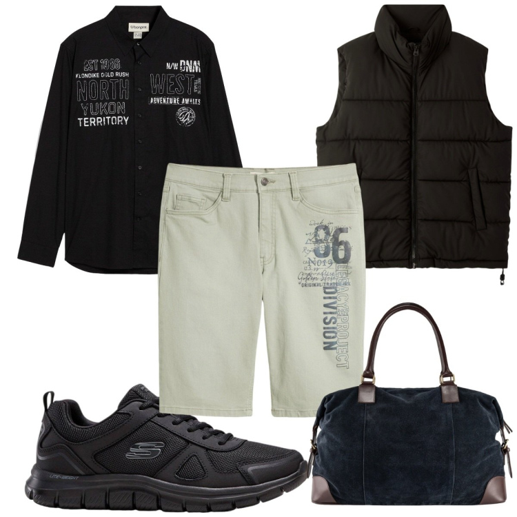 Outfit uomo - Total look #2255799. Stile Trendy per Tutti i giorni. Abbinamento con bermuda, sneakers, camicie, piumini, borse sportive.