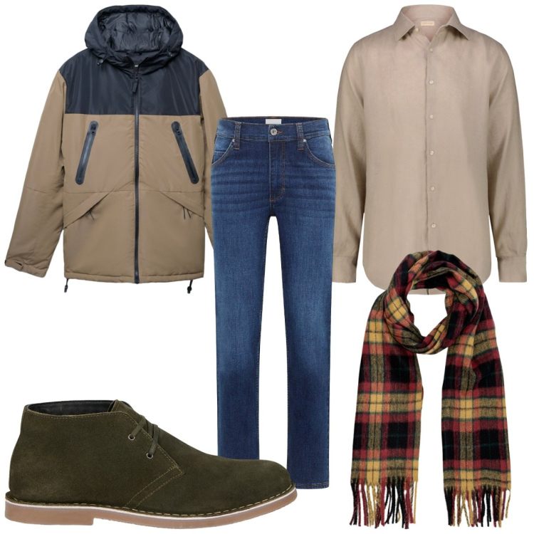 Outfit uomo - Total look #2255802. Stile Casual per Tutti i giorni. Abbinamento con jeans dritti, bomber, camicie, stivali e stivaletti, sciarpe.